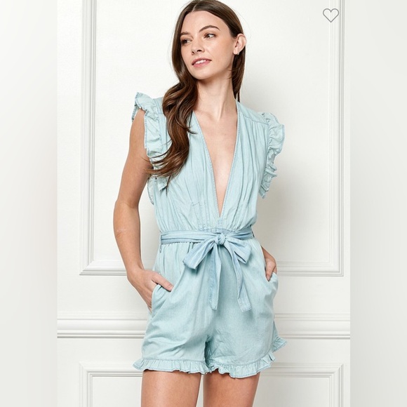 #083 Chambray Ruffle Neck waist belt romper - Picture 6 of 8